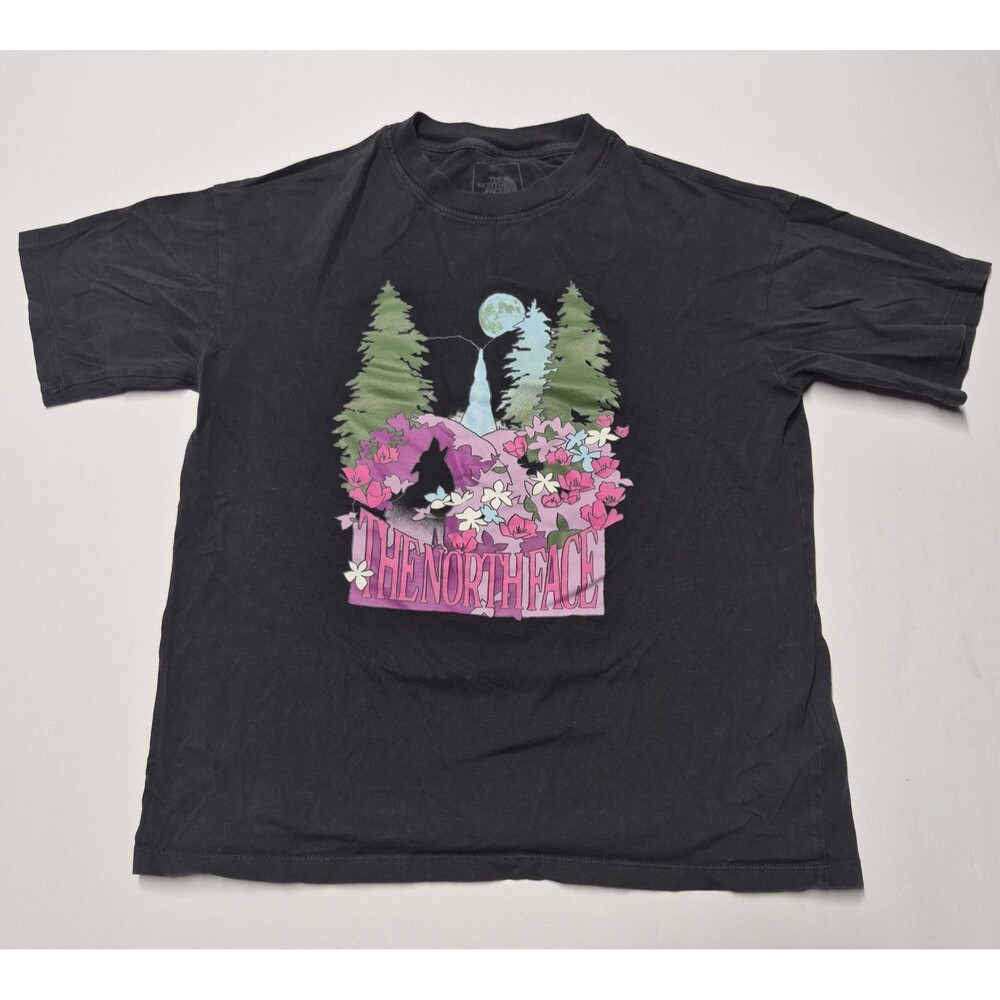 The North Face Womens XS T Shirt Graphic Floral Waterfall Moon Black Tee EUC - Picture 1 of 10